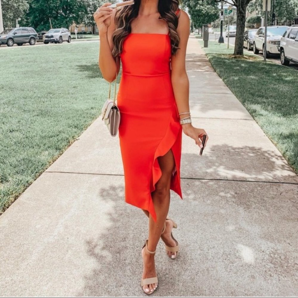 Bardot Carmelle Ruffle Front Slit Poppy Red Dress